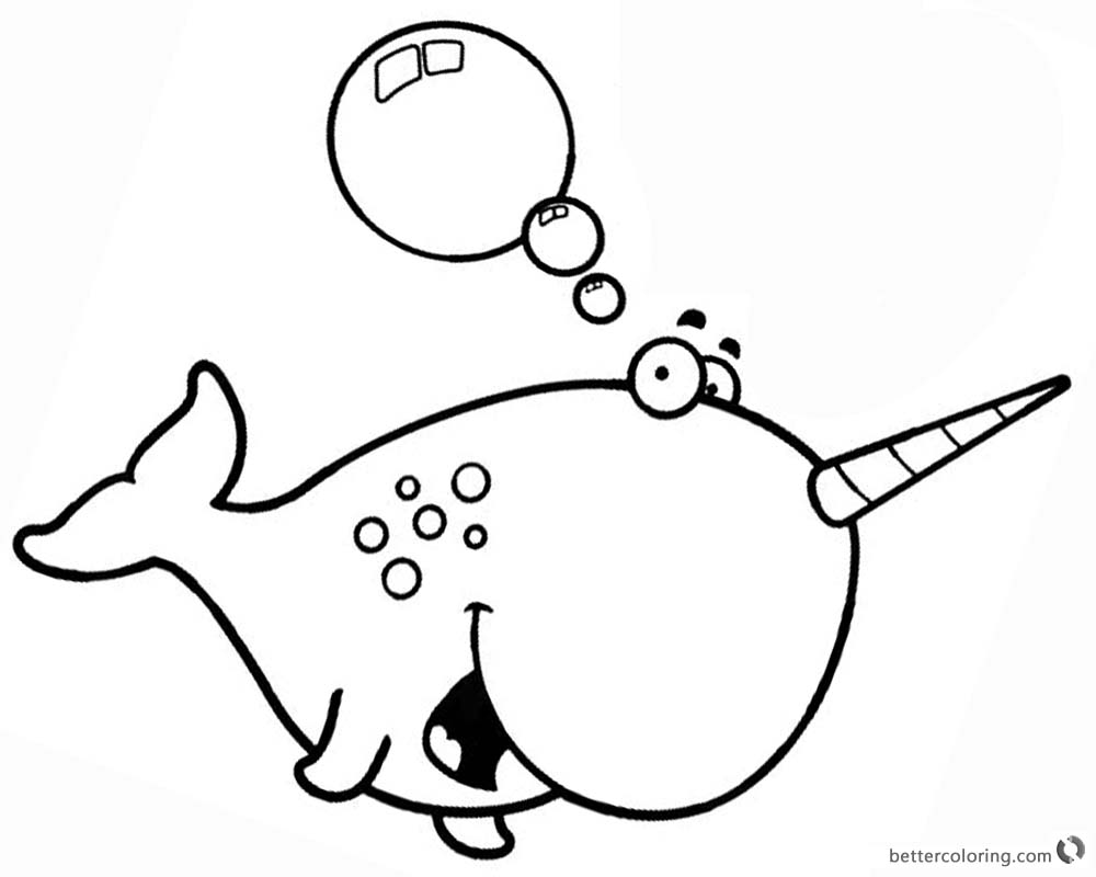 Cartoon Narwhal Coloring Pages with Bubbles Free