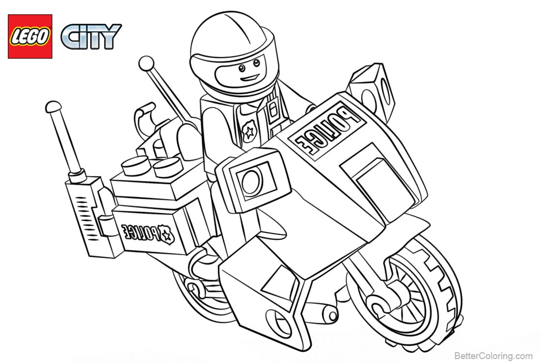Lego City Coloring Pages Police with Motorcycle