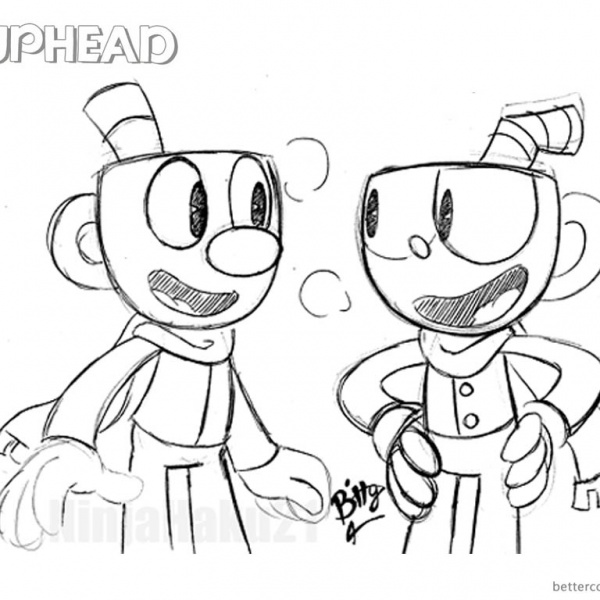 Cuphead and Mugman from Cuphead Coloring Pages Black and White - Free ...