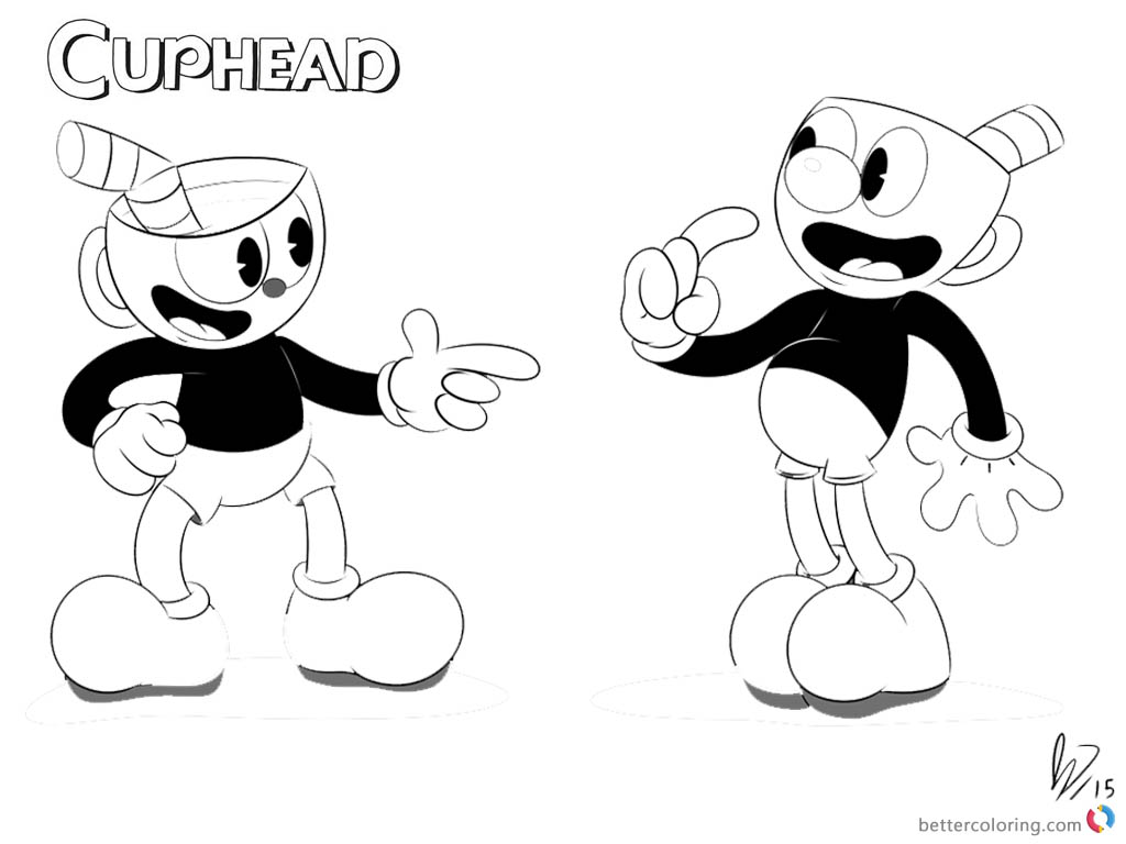 Cuphead and Mugman from Cuphead Coloring Pages Black and White - Free ...