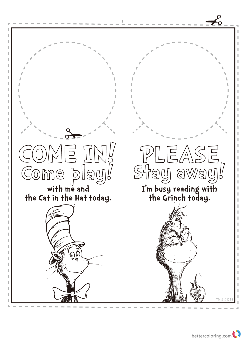 Dr Seuss coloring pages GRINCH Door knob Hanger - Free Printable
