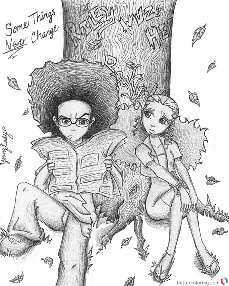 Boondocks coloring pages Jaz and Huey under tree printable
