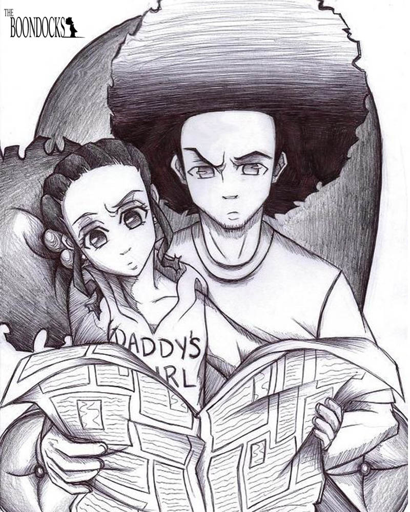 Boondocks coloring pages Jazmine and Huey watching newspaper - Free ...