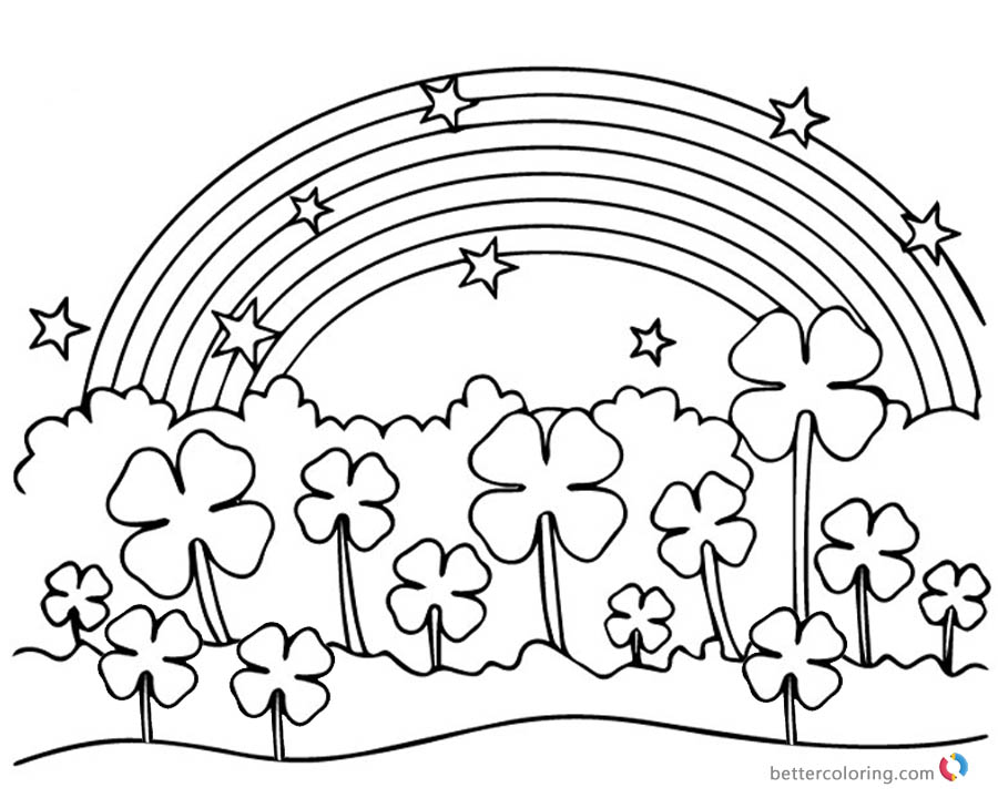 Four Leaf Clover Coloring  Pages  flowers  under rainbow  