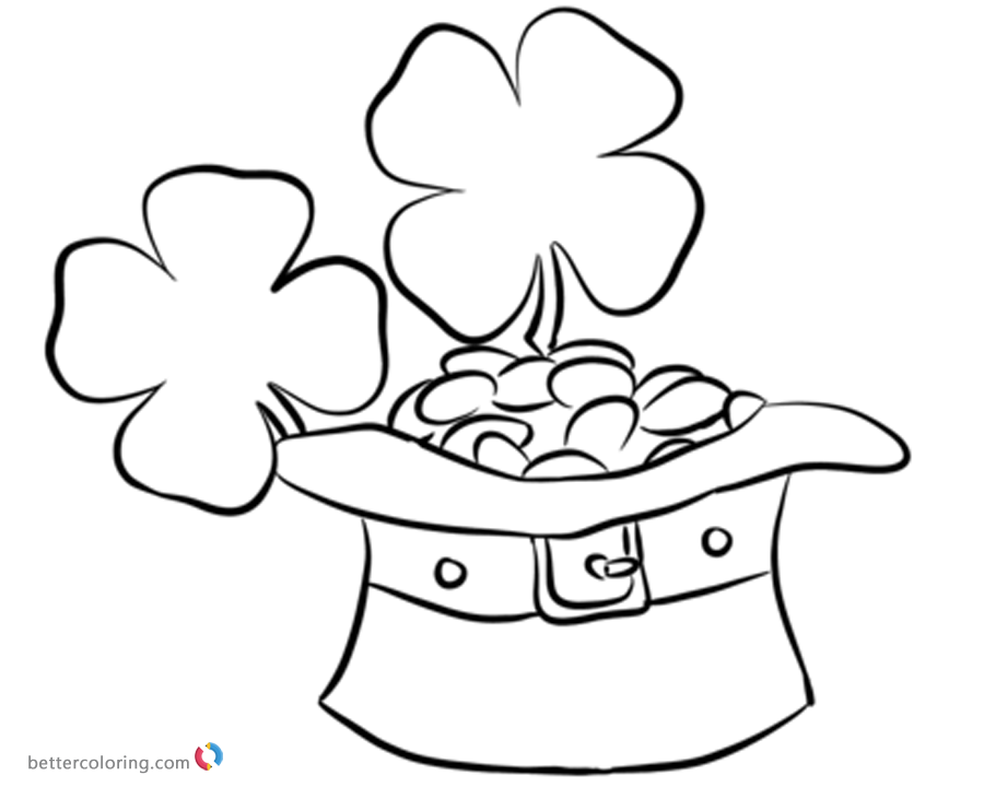 Four Leaf Clover Coloring Pages With Leprechaun Hat And Coins Free 