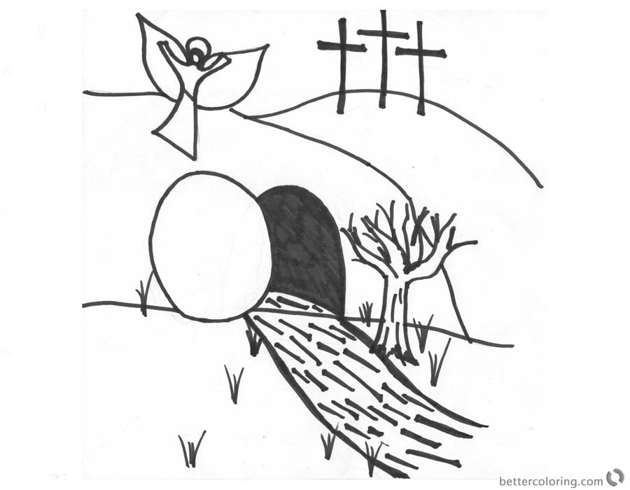 He is Risen Coloring Pages Angel Above the Empty Tomb printable for free
