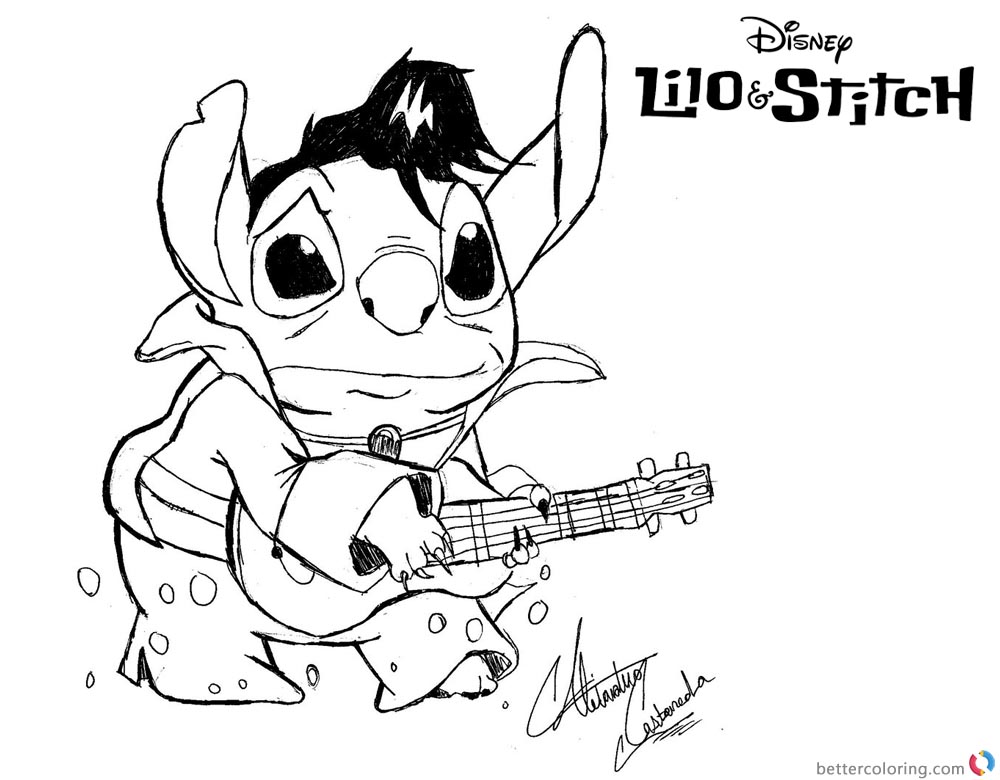 Lilo and Stitch Coloring Pages Fanart Stitch is Playing Guitar printable and free