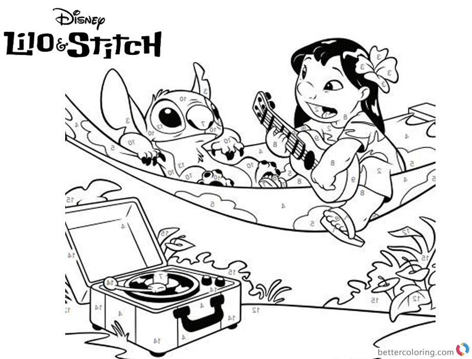 Lilo and Stitch Coloring Pages Math Problem and Paint Number Worksheet printable and free