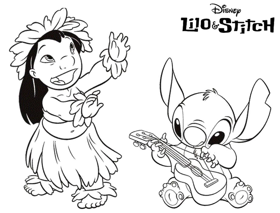 Lilo and Stitch Coloring Pages Play Guitar and Dancing - Free Printable