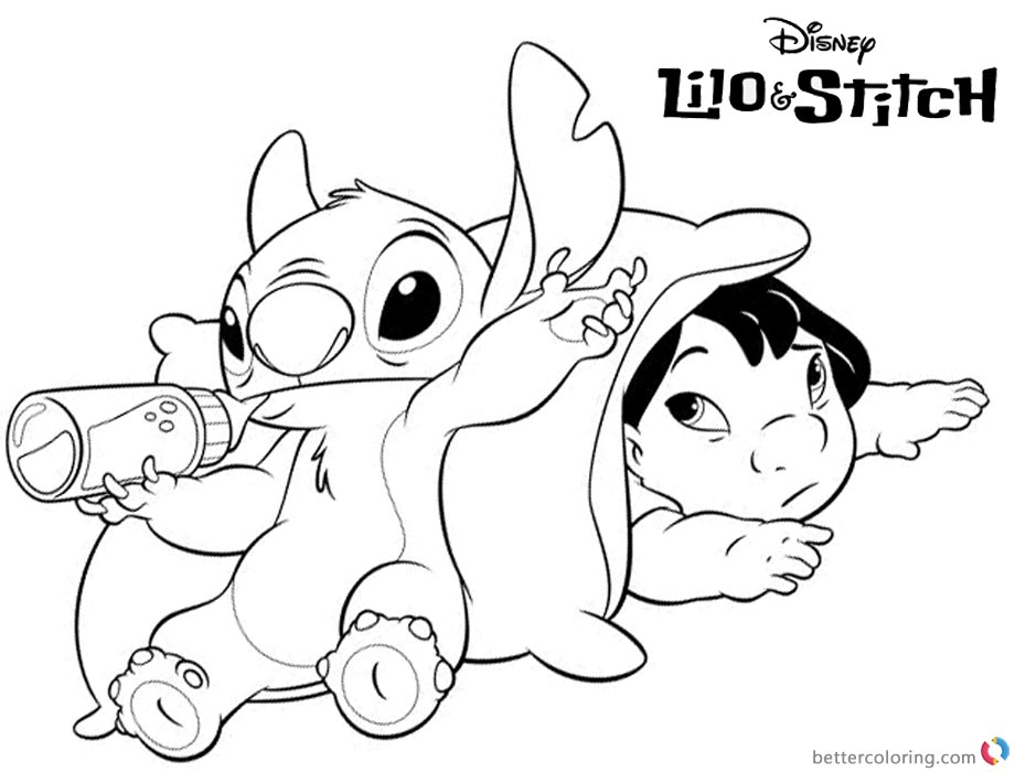 Lilo and Stitch Coloring Pages Stitch is Drinking printable and free