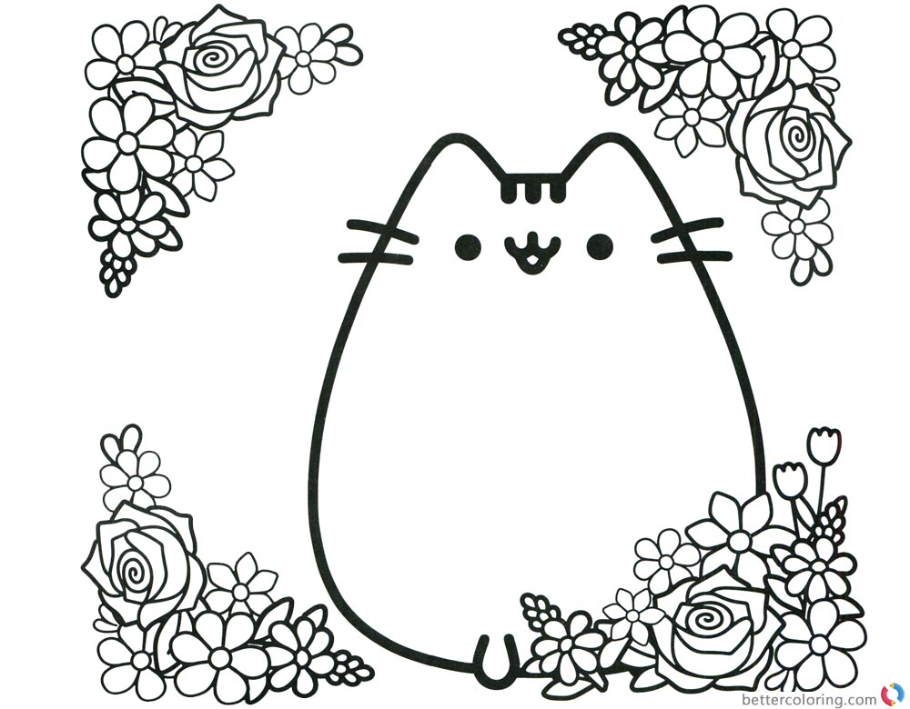 Pusheen Coloring Pages Cute Pusheen with Flowers - Free Printable