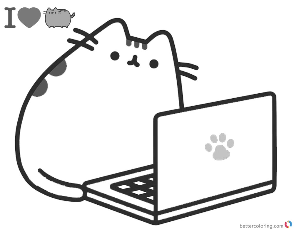 Pusheen Coloring Pages Playing Laptop - Free Printable ...