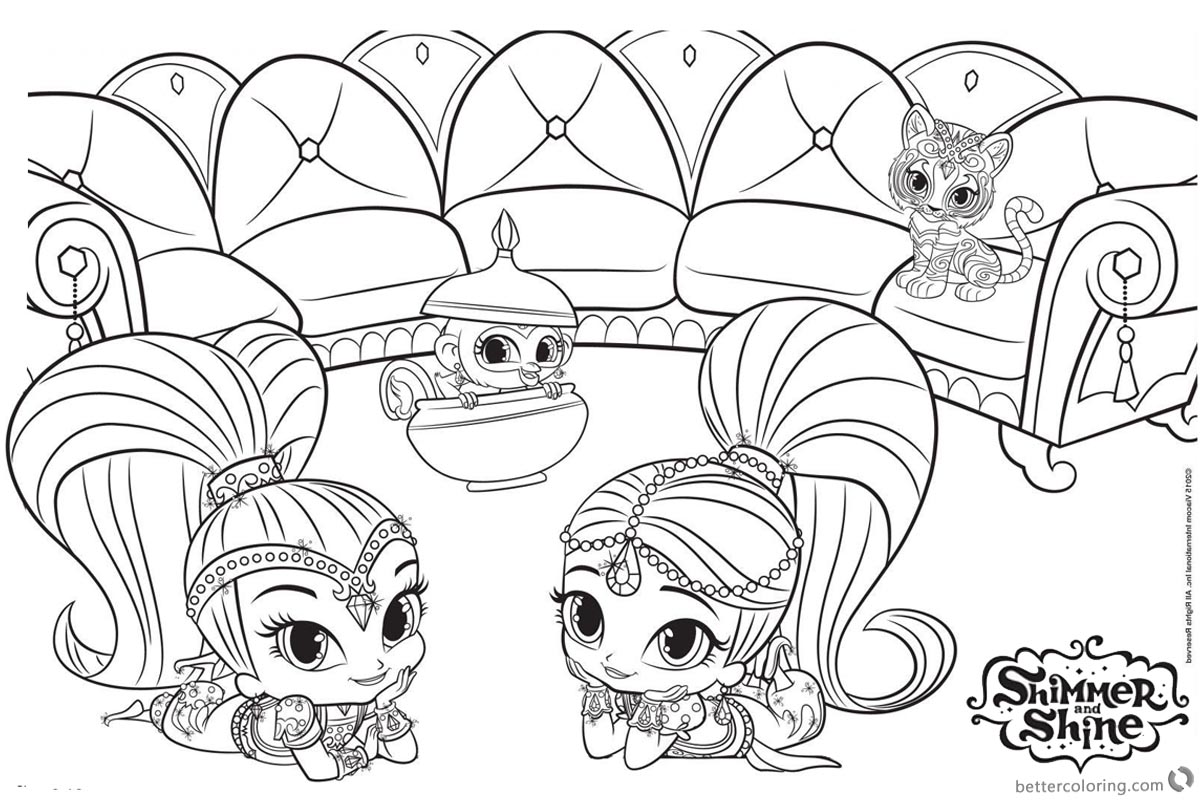 Free Shimmer and Shine Coloring Pages lying on their stomach Printable