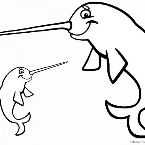 Two cute narwhals coloring pages - Free Printable Coloring Pages