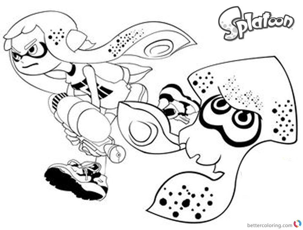 Splatoon Coloring Pages Inkling Girl and Squid Running  printable