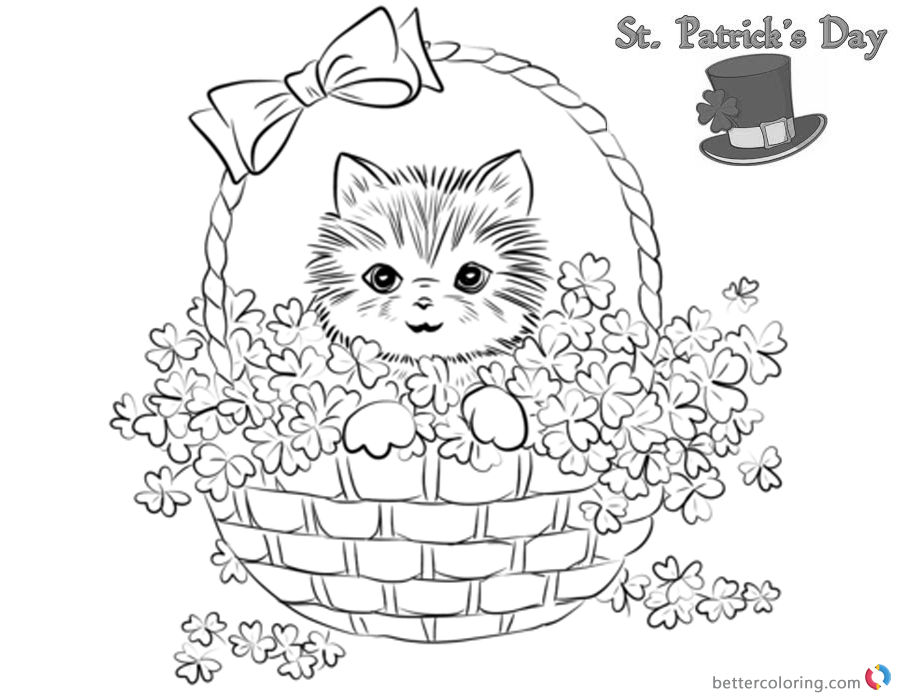 St Patrick Day Shamrock coloring pages Cute kitten printable