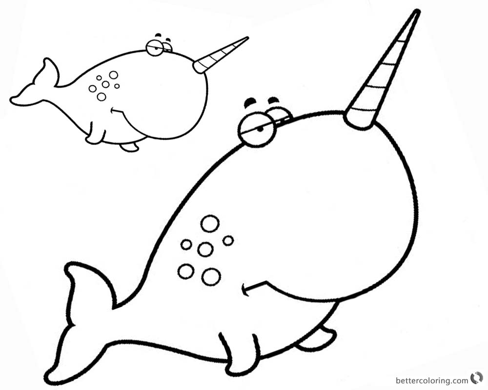 Two Cartoon Narwhal Coloring Pages with Big Head printable