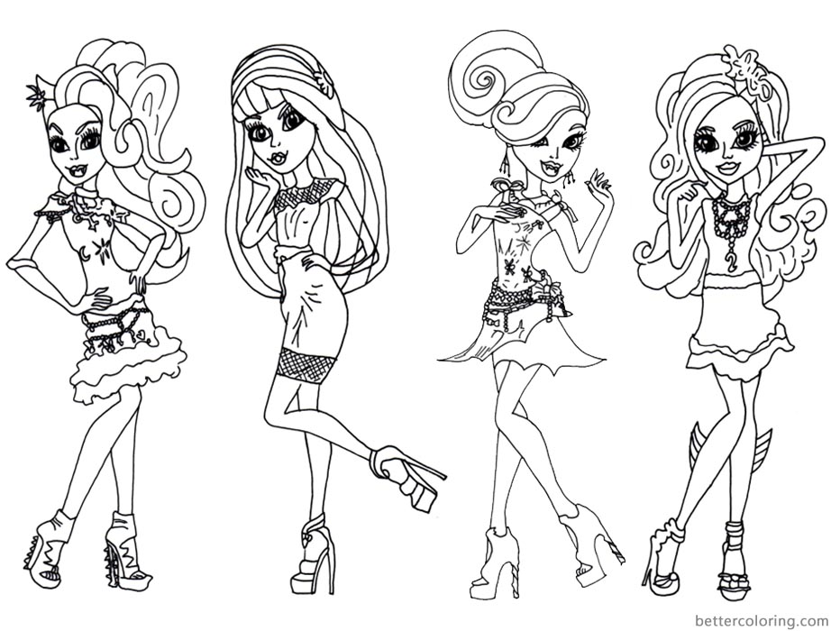 4 Girls from Monster High Coloring Pages printable for free