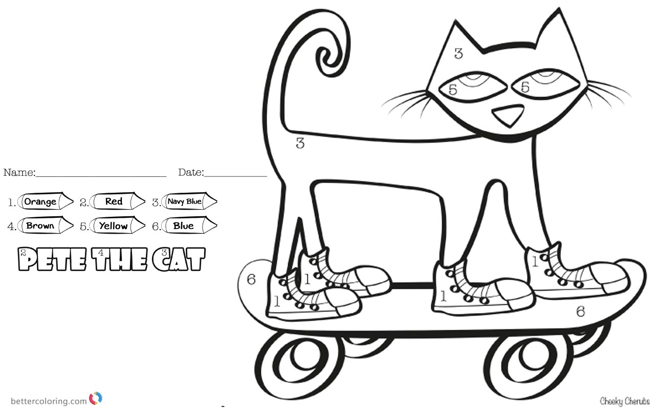 Pete the Cat Coloring Pages Color by Number Skateboard - Free Printable