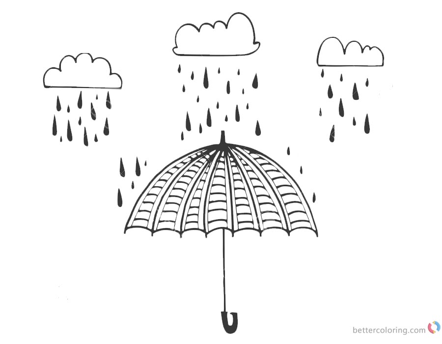 Raindrop Coloring Pages with Umbrella and Clouds printable for free