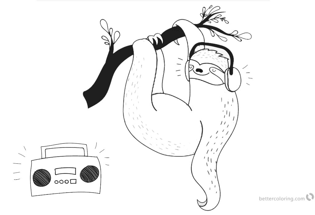 Sloth Coloring Pages Sloth Listen Music printable for free