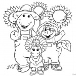 Barney Coloring Pages Characters and Sunflowers