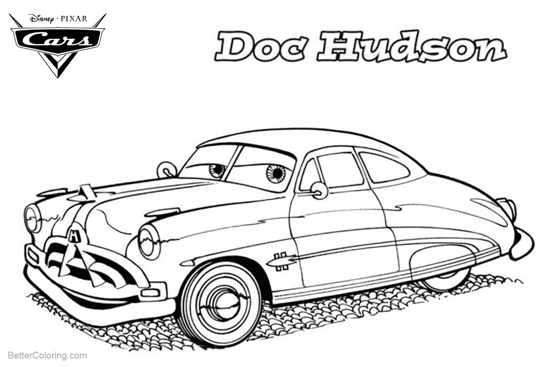 Cars Pixar Coloring Pages Doc Hudson Line Drawing - Free Printable