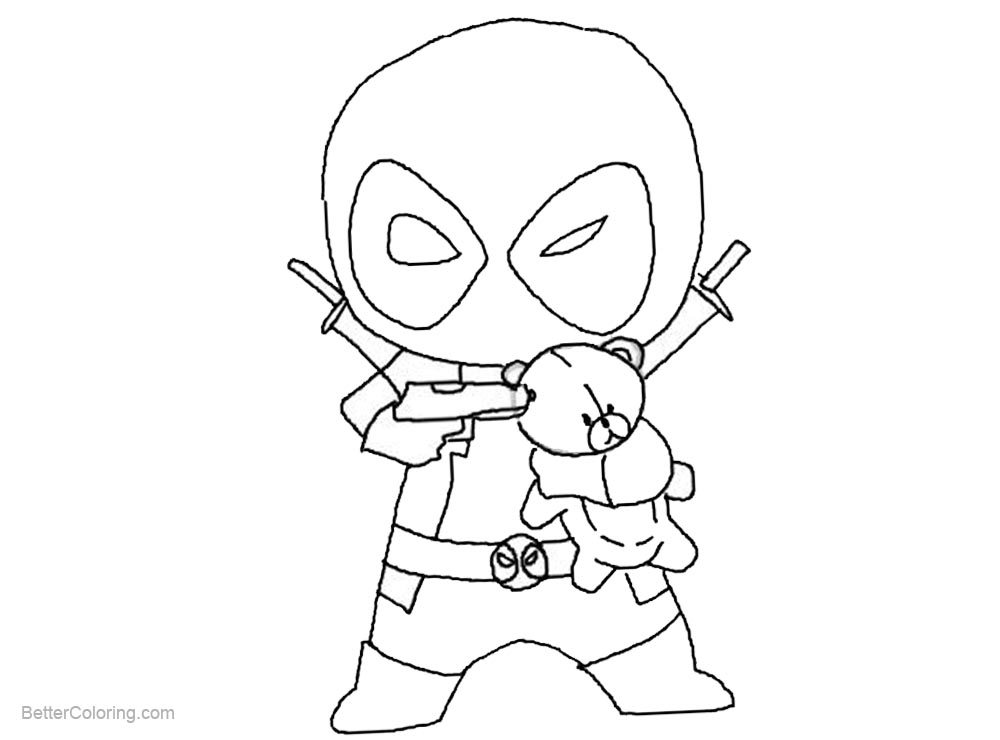 Free Chibi Deadpool Coloring Pages with Teddy Bear printable