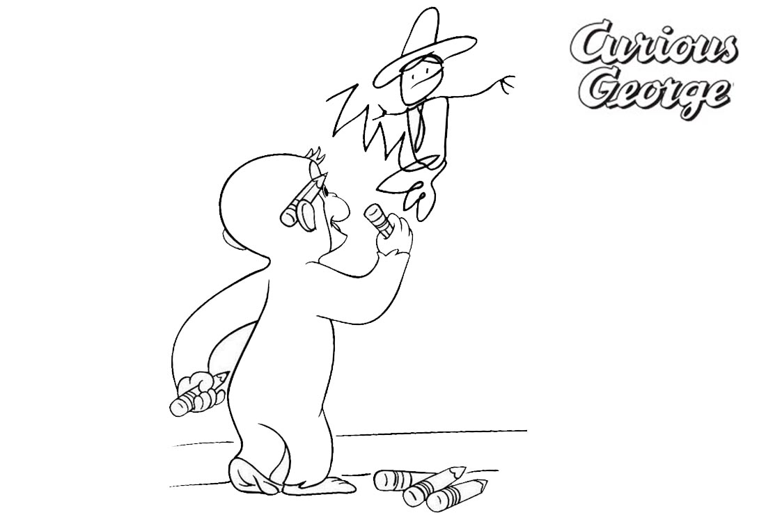 Curious George Coloring Pages Drawing on the Wall printable for free