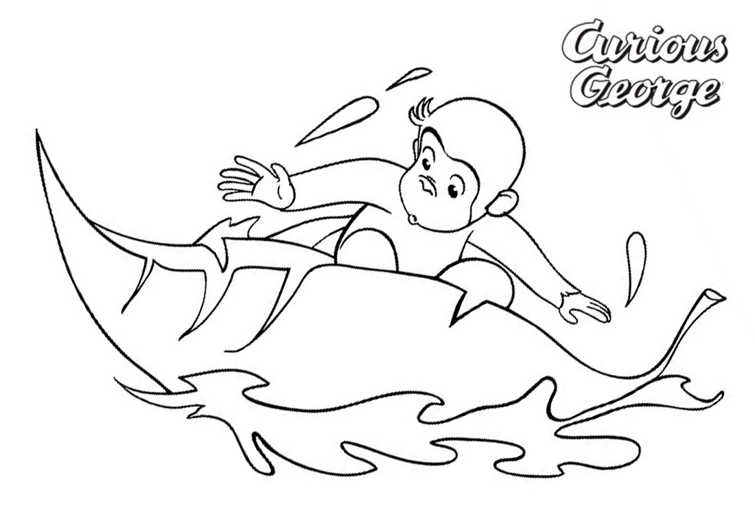Curious George Coloring Pages Floating on Leaf printable for free
