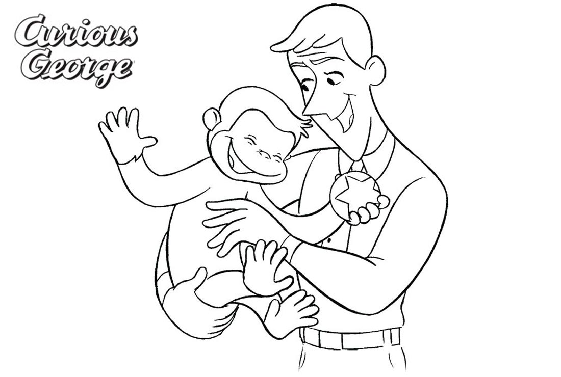 Curious George Coloring Pages So Happy with Yellow Hat Man printable for free