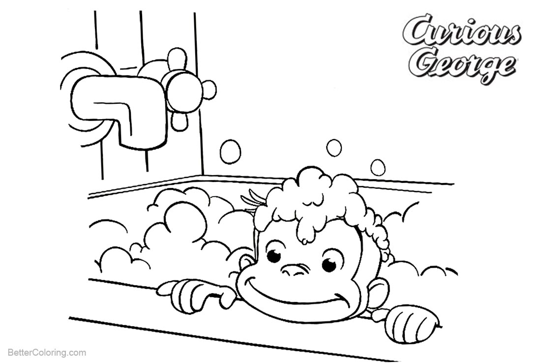 Curious George Coloring Pages Take a Bath printable for free