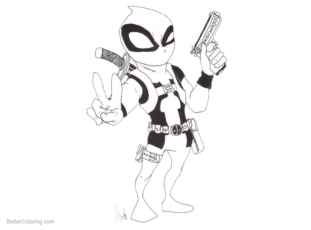Free Cute Chibi Deadpool Coloring Pages with Gun printable