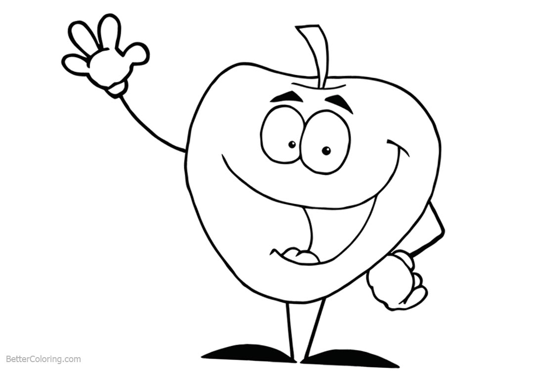 Cute Food Coloring Pages Cartoon Apple Say Hi printable for free