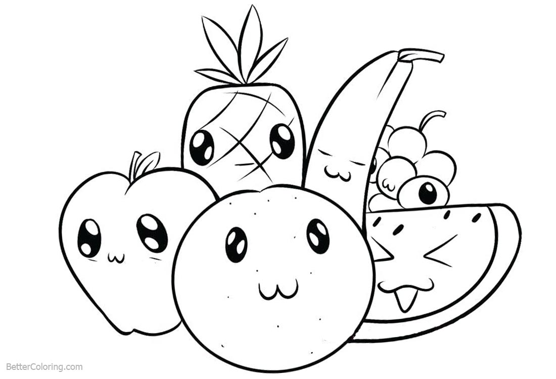 Cute Food Coloring Pages Cartoon Fruits - Free Printable Coloring Pages