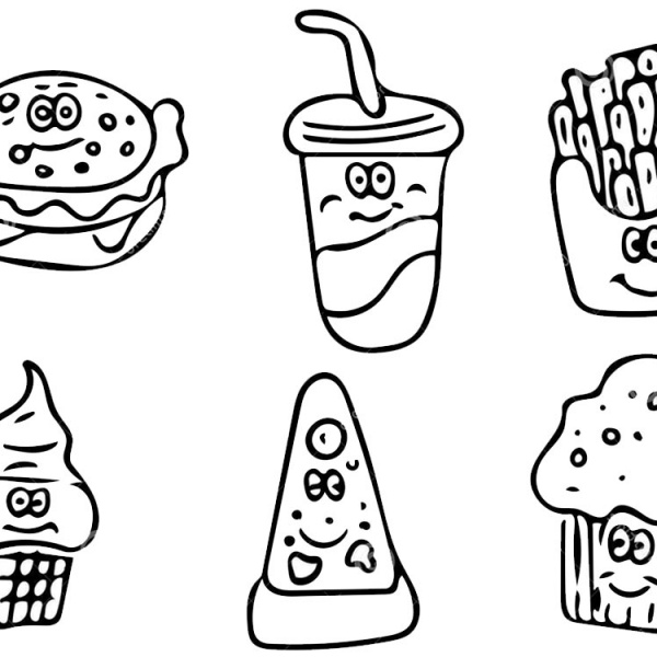 Cute Food Coloring Pages Many Snacks - Free Printable Coloring Pages