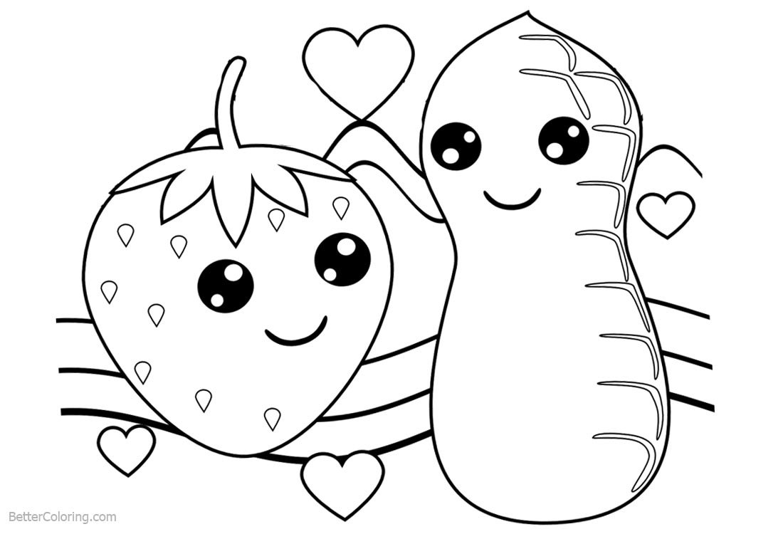 Cute Food Coloring Pages Strawberry and Peanut - Free Printable