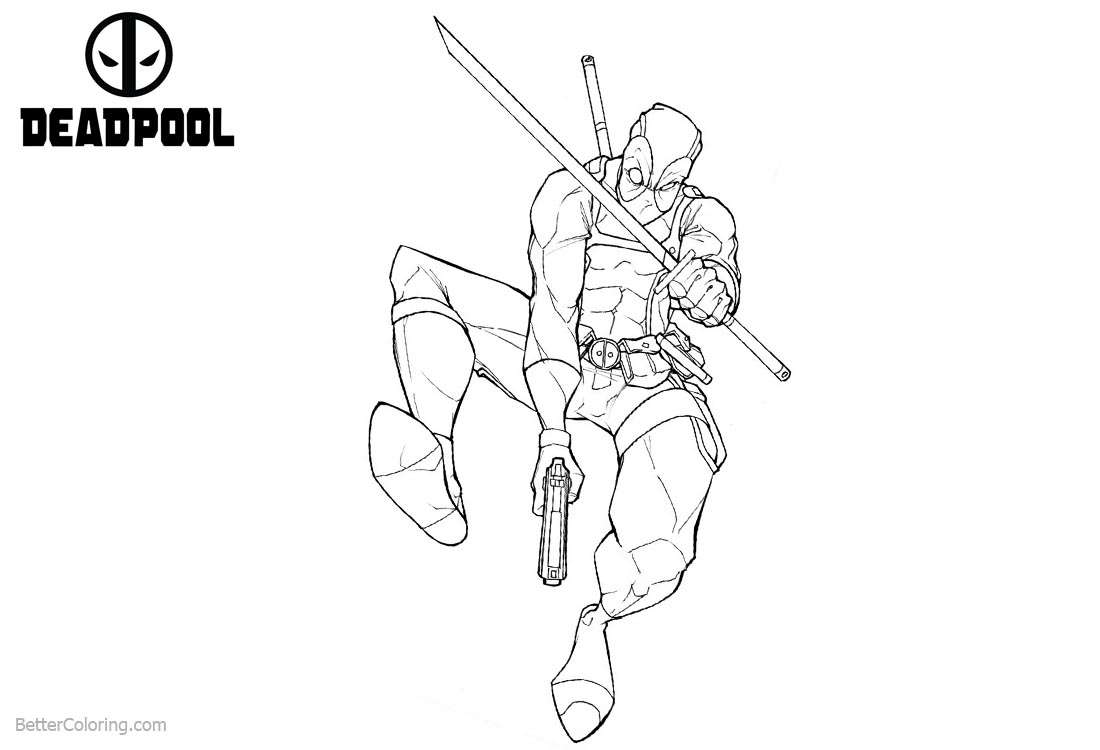 Deadpool Coloring Pages Fighting with Sword and Gun printable for free