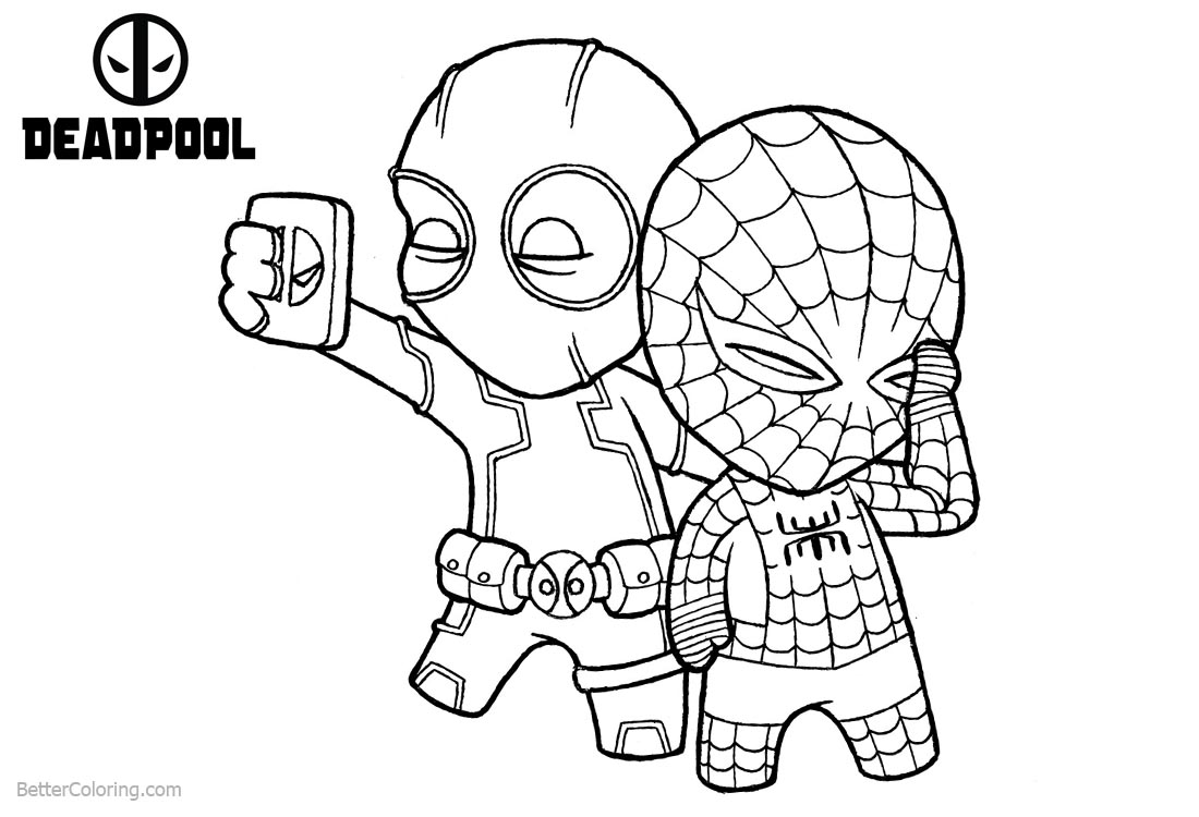 Deadpool Coloring Pages Take Selfie with Spiderman - Free Printable