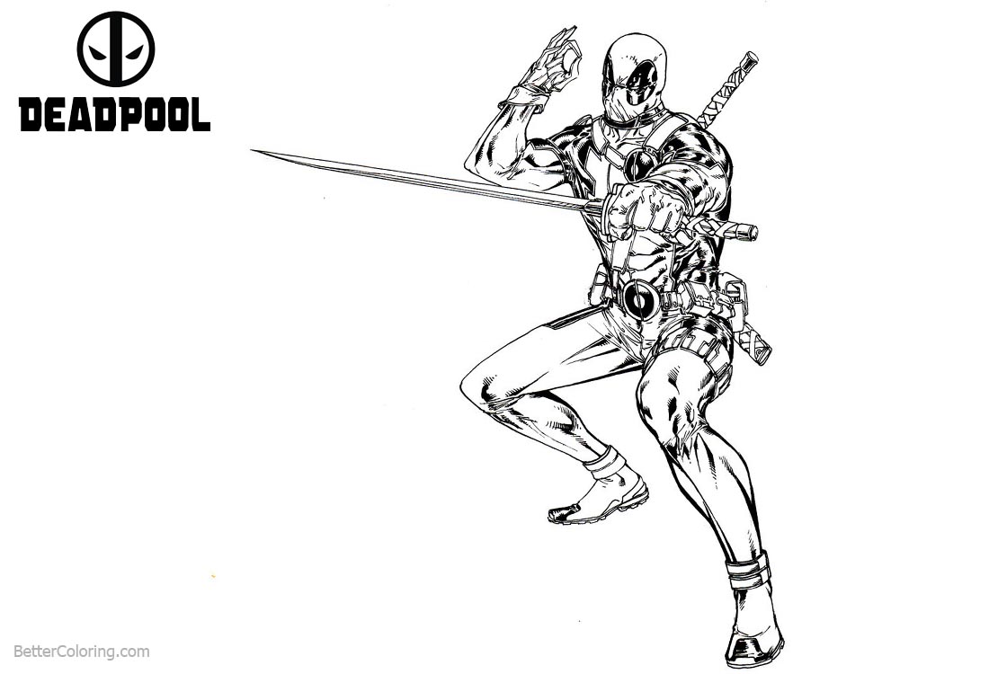 Deadpool Coloring Pages with Katana in Hand printable for free