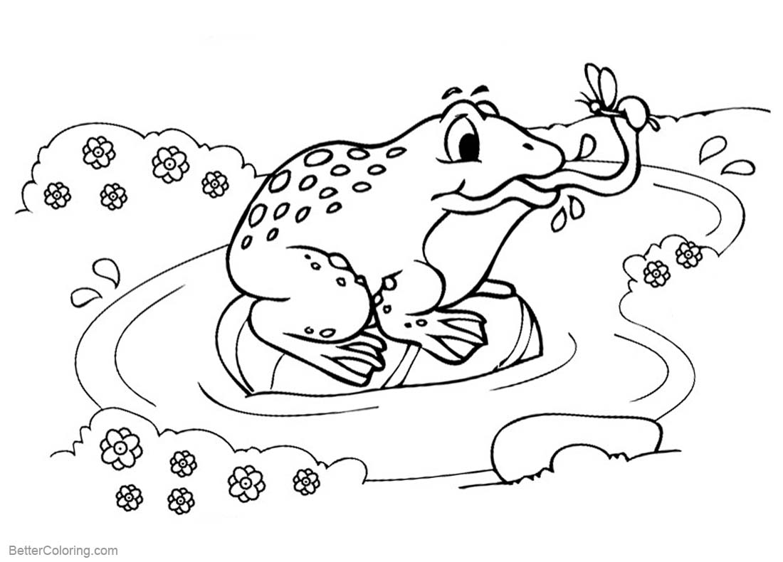 Pond Coloring Pages Frog Catching a Bug printable for free