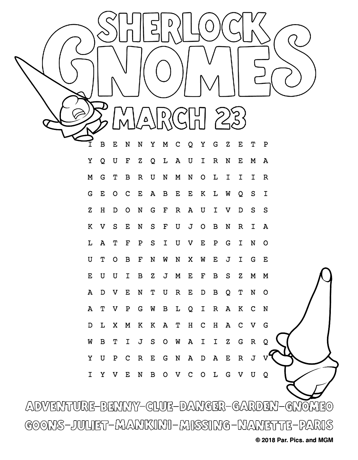 Sherlock Gnomes Coloring Pages Word Search printable for free
