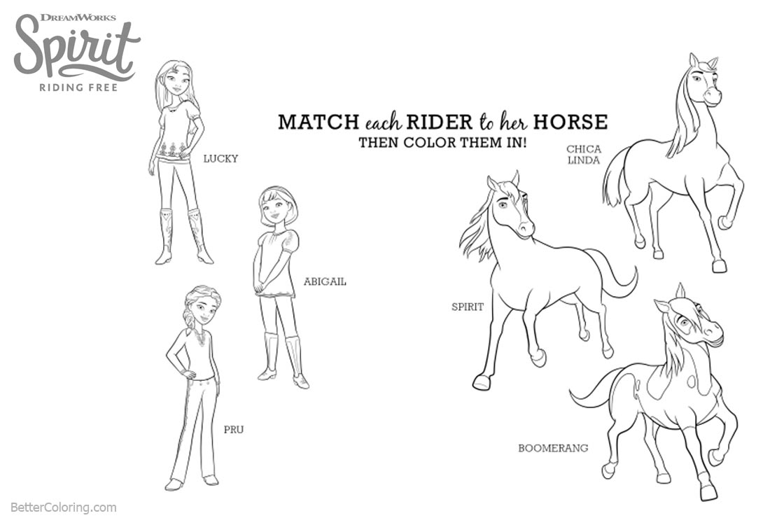 Spirit Riding Free Coloring Pages Characters Match Activity printable for free