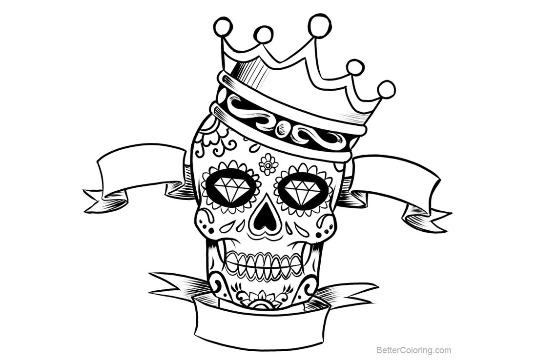 Free Sugar Skulls Coloring Pages with Crown printable