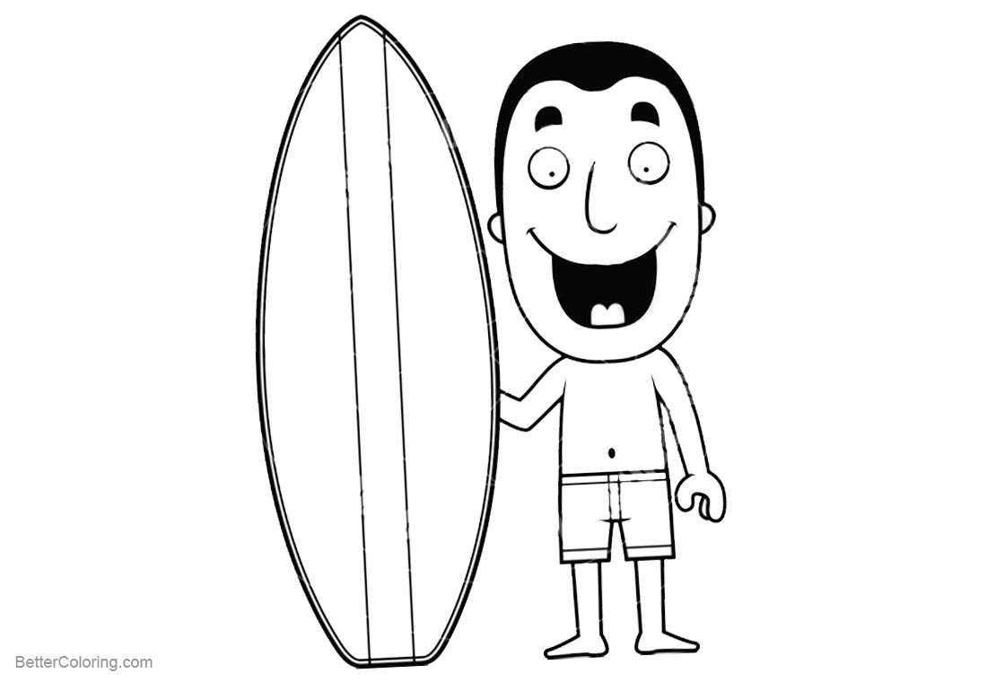 Surfboard Coloring Pages A Man with A Surfboard on the Beach printable for free