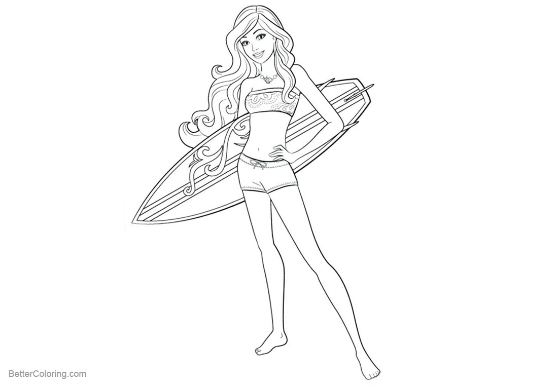 Surfboard Coloring Pages Barbie Girl with Surfboard printable for free