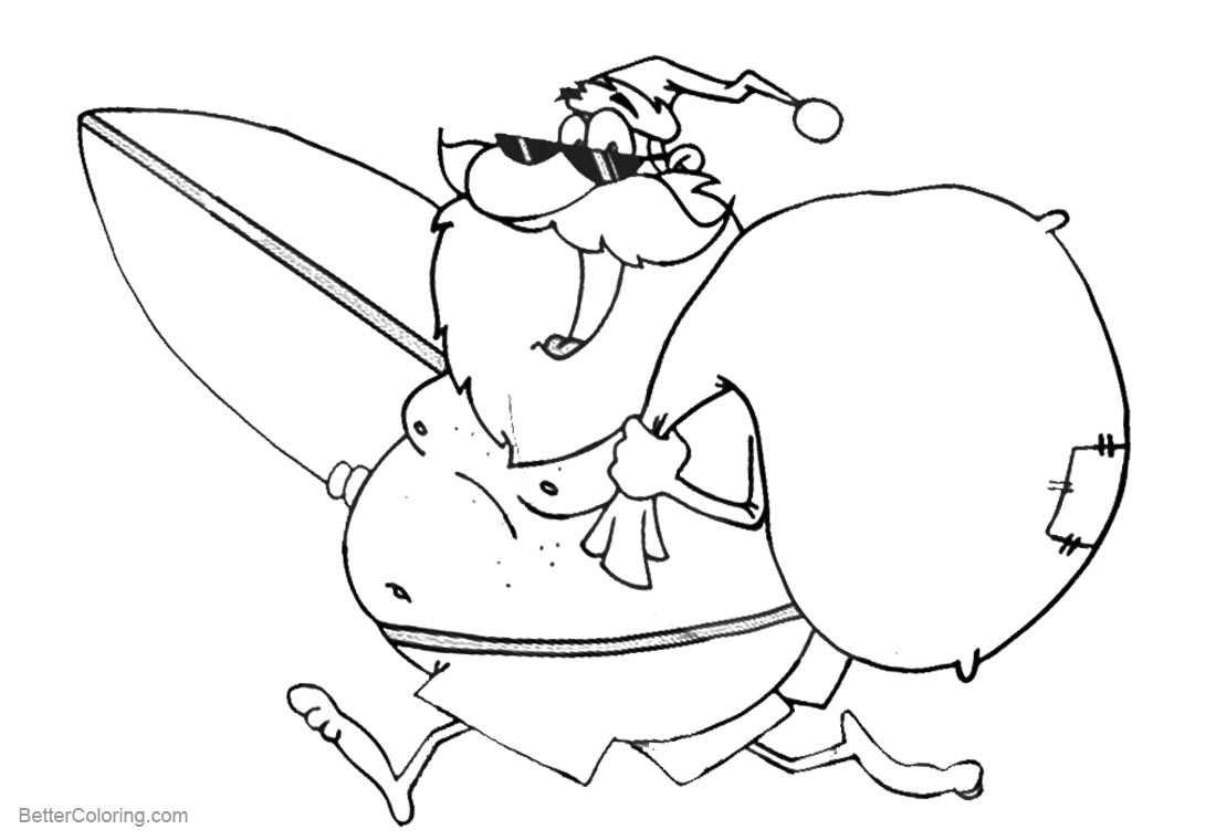 Surfboard Coloring Pages Santa with Surfboard printable for free