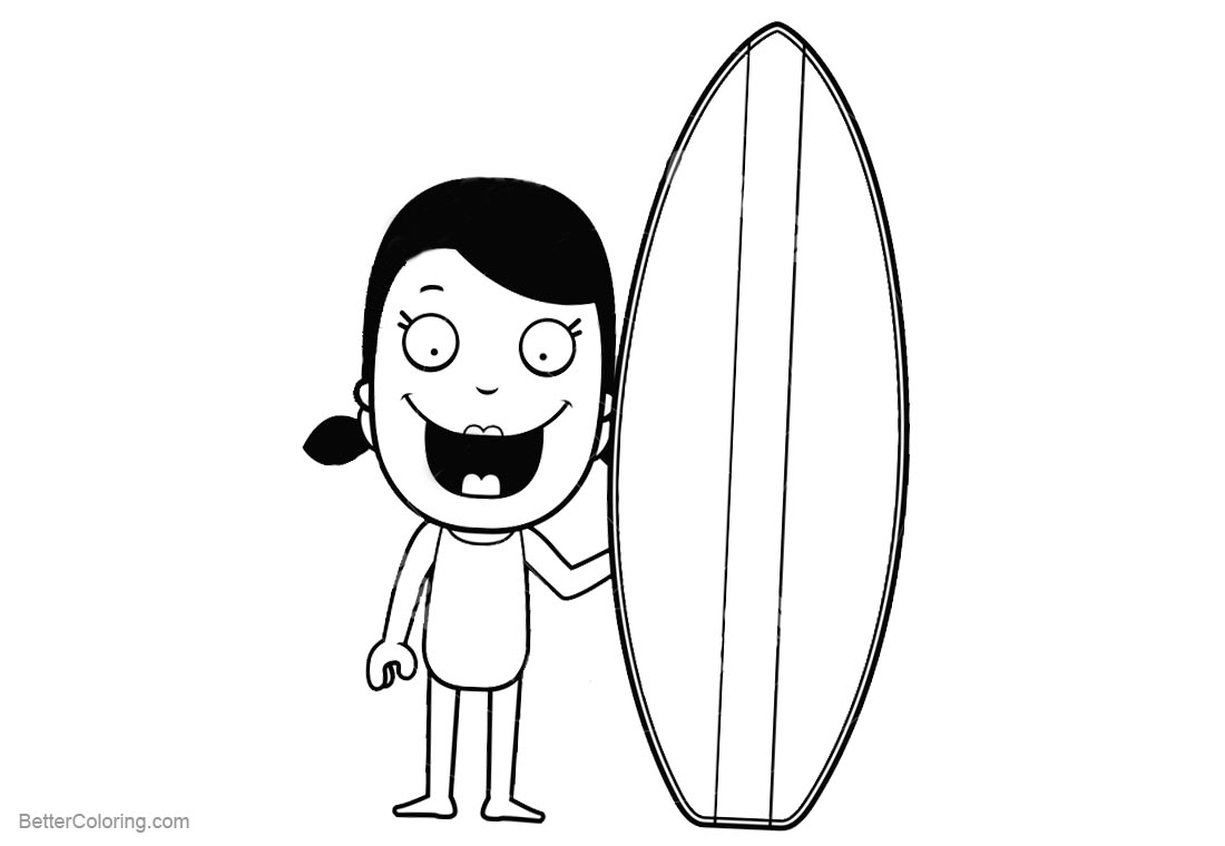 Surfboard Coloring Pages Smiling Girl Stand with A Surfboard printable for free