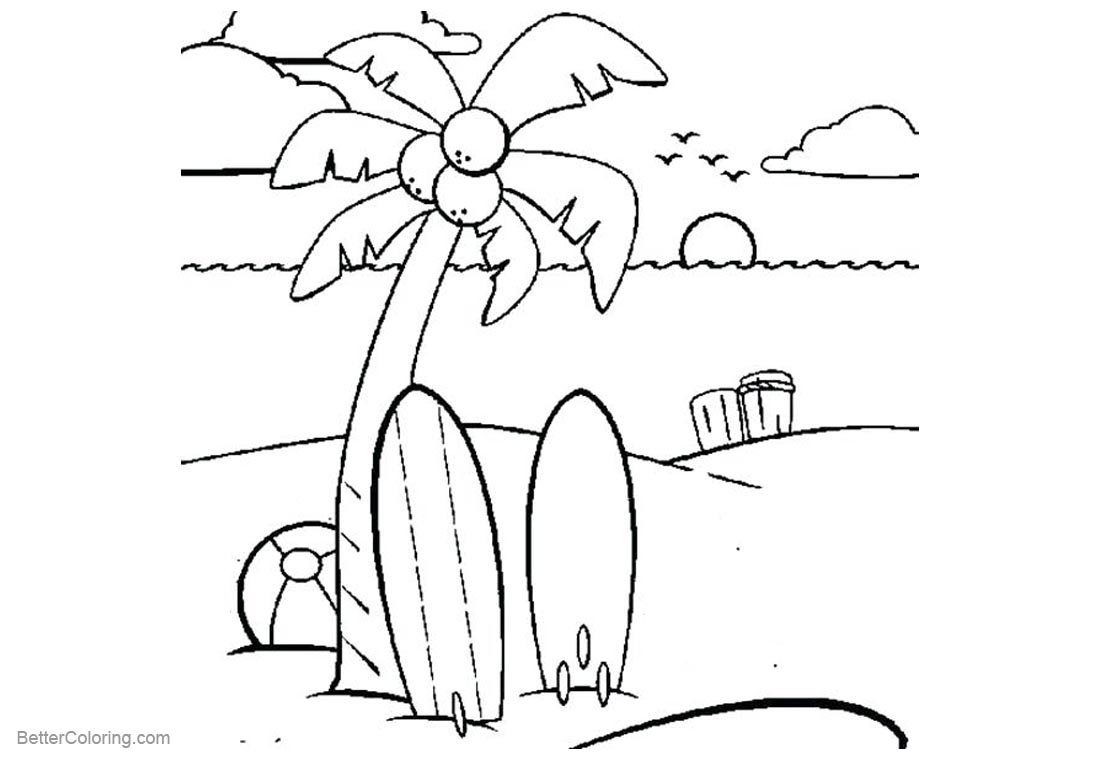 Surfboard Coloring Pages with Coconut Tree printable for free
