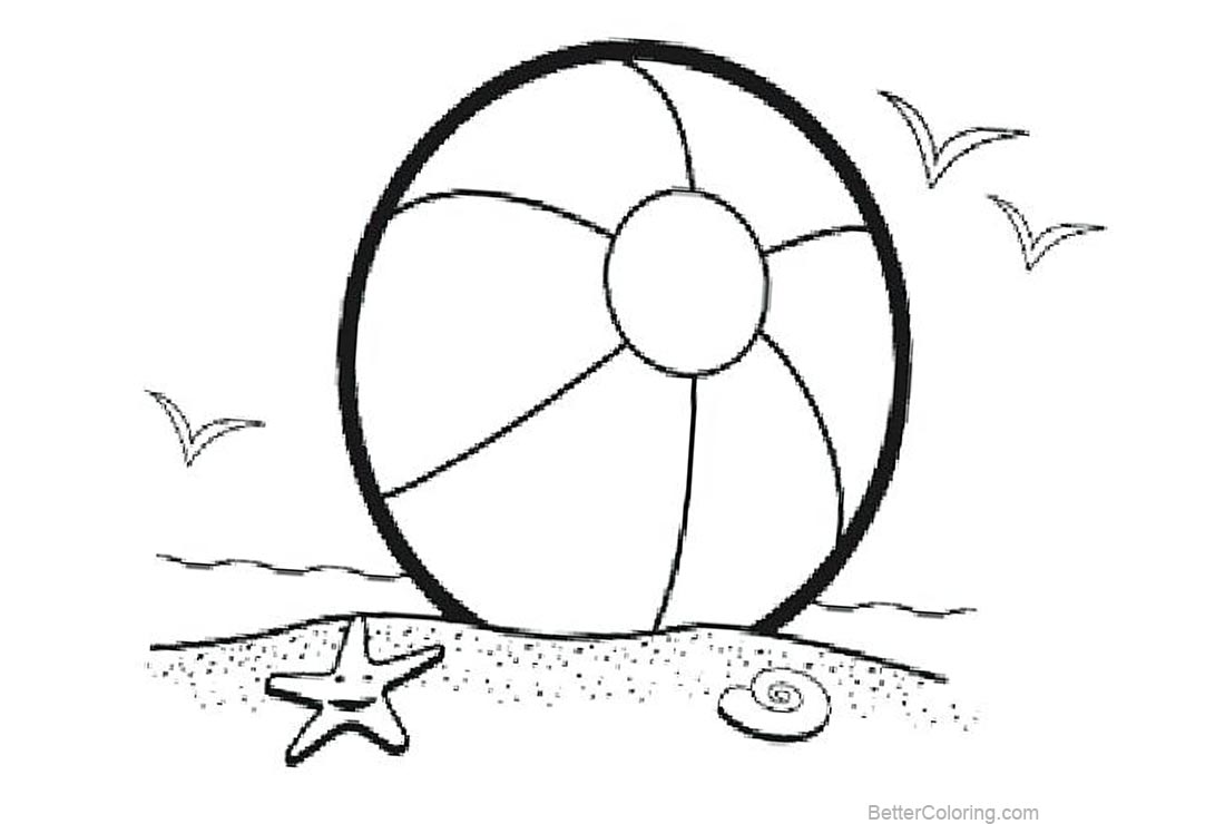 Free Beach Ball Coloring Pages with Starfish and Birds printable